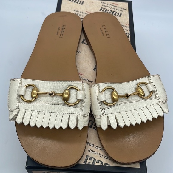 Gucci White leather trim horsebit flat slide sandals 39.5 - Picture 2 of 11